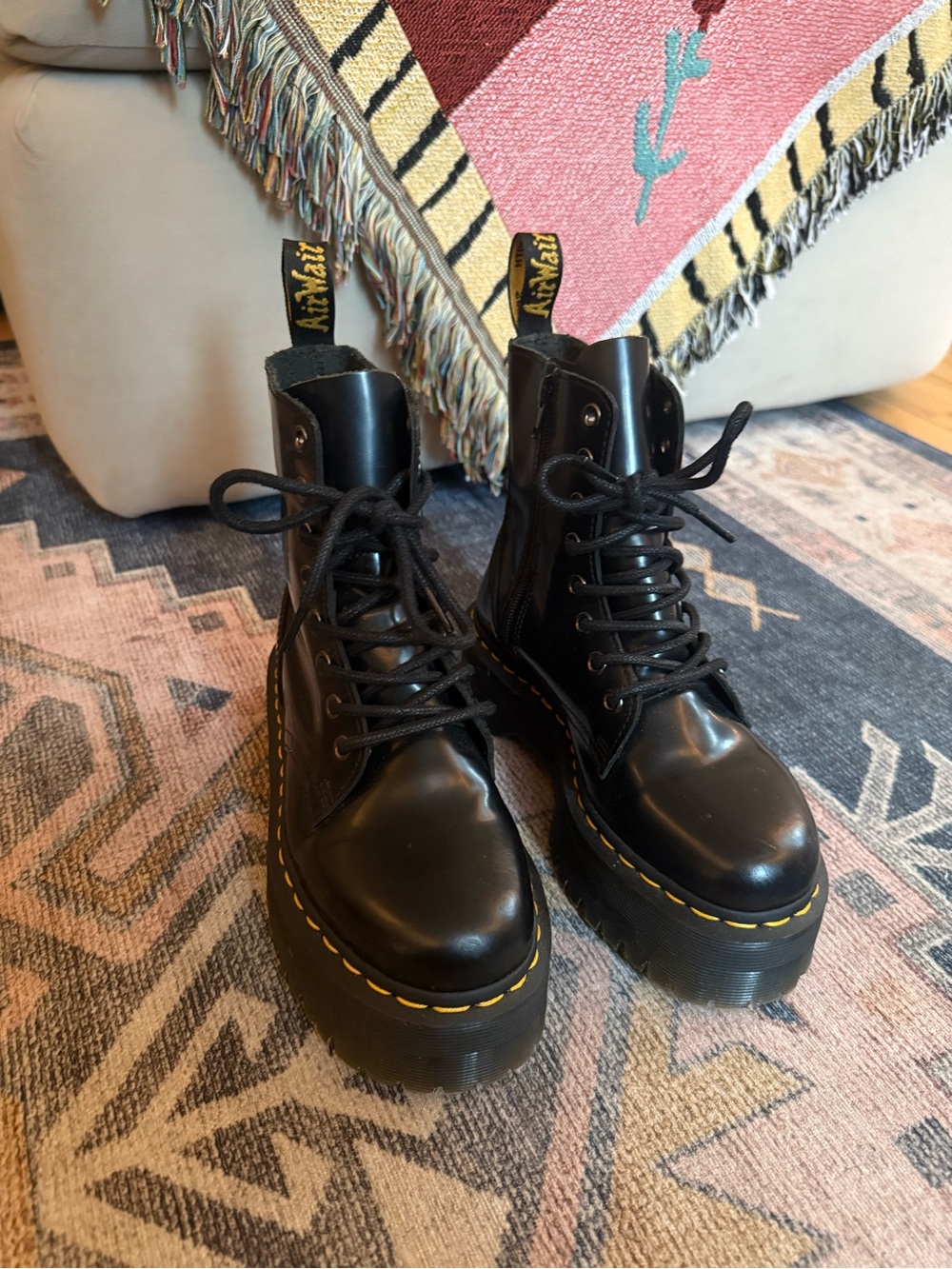 Dr. Martens Black Platform Lace-Up Boots with Yellow Stitching